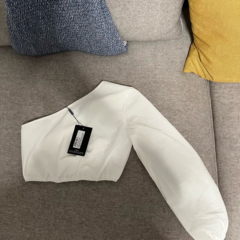 White Textured Woven One Shoulder Crop Top